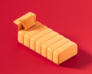 Modern chaise lounge with segmented cushioning and a single side armrest, featuring a matching throw pillow. Single color, flat orange furniture, 3d rendering