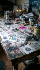 Obraz premium A cluttered tattoo artist's workstation showcasing diverse designs and artistic tools