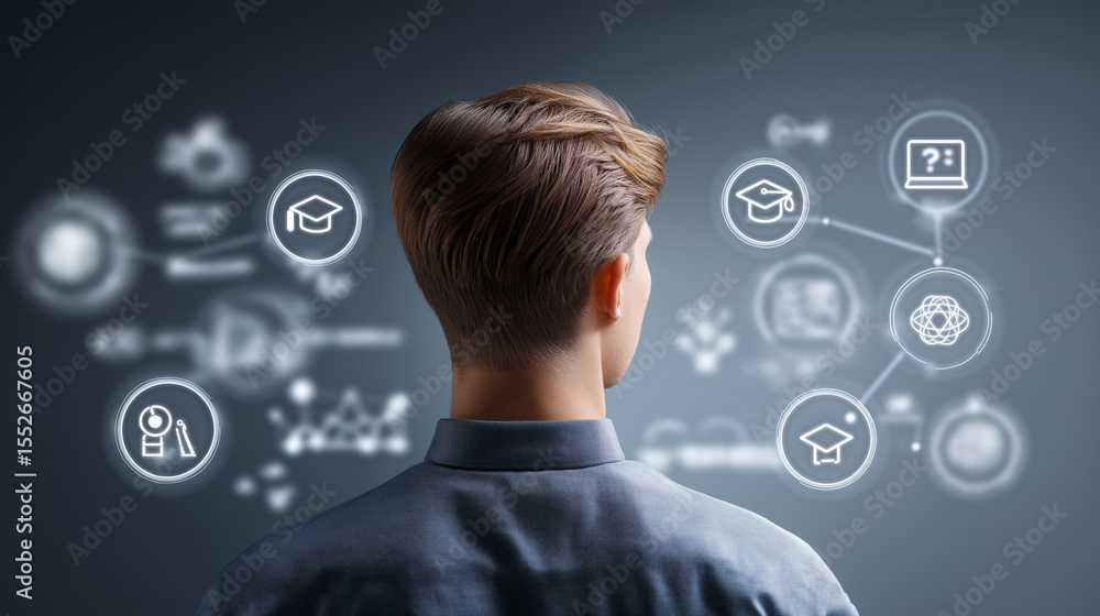 Poster a person views a futuristic interface with various holographic icons representing skills, education,