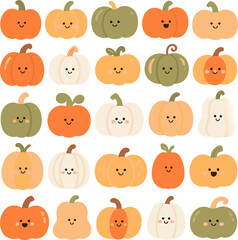 Adorable cartoon pumpkins arranged in a cheerful pattern are ready for festive autumn and harvest celebrations.