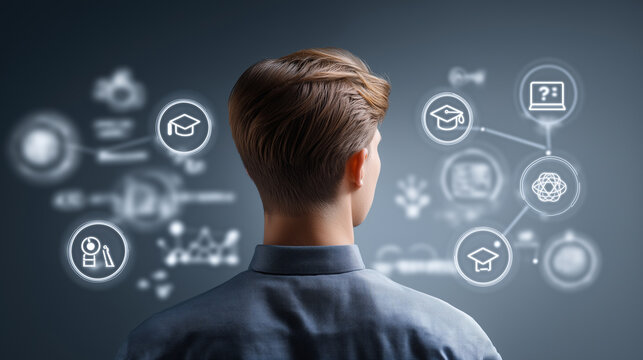 A person views a futuristic interface with various holographic icons representing skills, education, and personal data, symbolizing personal development and digital identity.
