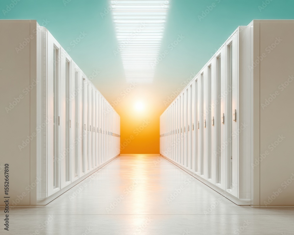 Aufkleber Modern data center corridor with illuminated server racks and high-tech infrastructure showcasing cloud computing and advanced digital processing power