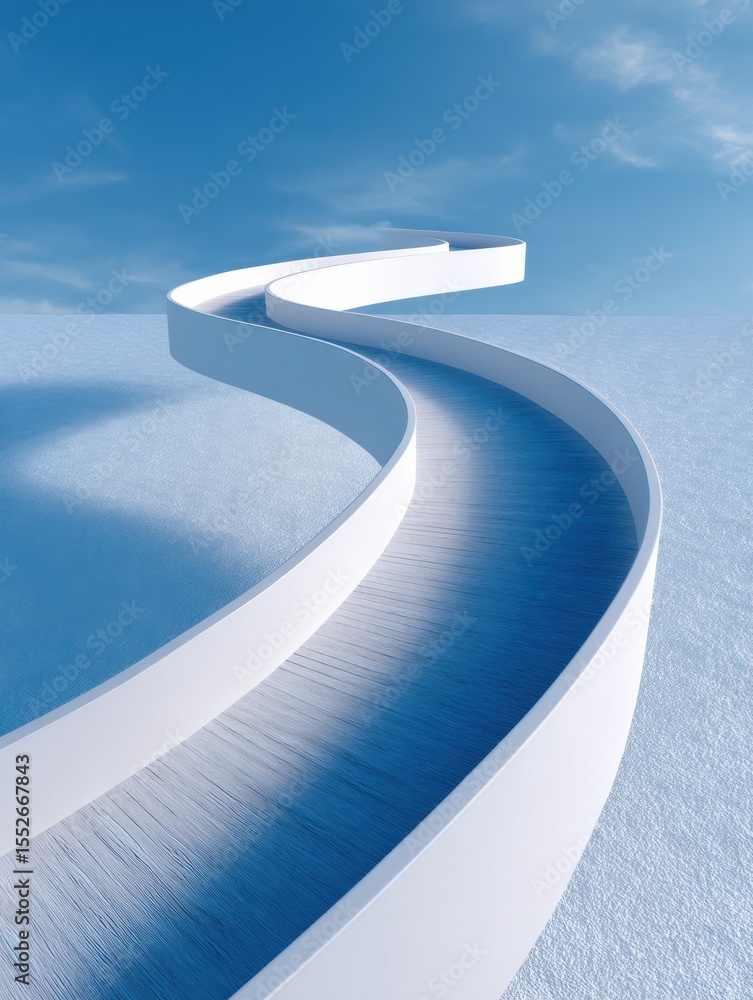 Poster Futuristic Curved White Pathway in Minimalist Landscape with Smooth Texture and Soft Blue Sky for Modern Architecture and Creative Design Concepts