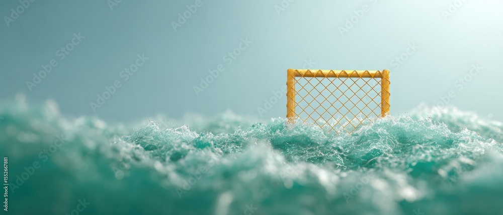 Poster urgent flood monitoring sign partially submerged in rising turbulent waters near chain-link fence un
