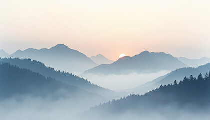 Obraz premium Misty Blue Mountain Range with Rising Sun, Foggy Atmospheric Landscape