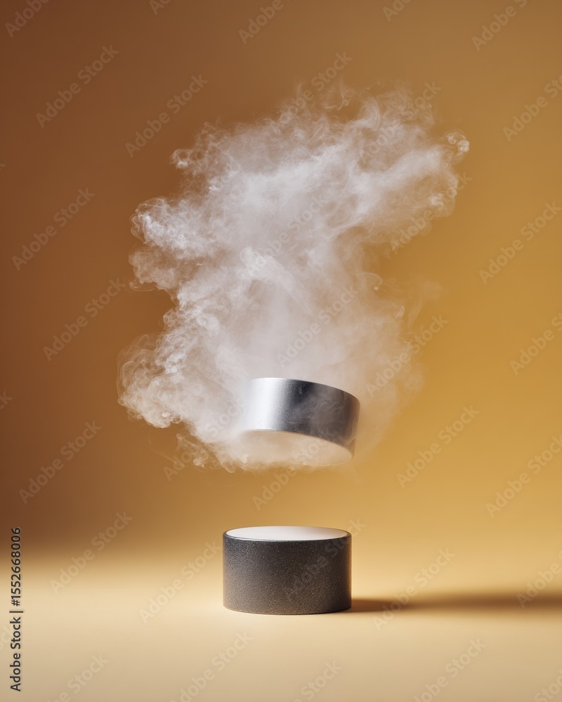 Poster levitating neodymium magnet with liquid nitrogen mist demonstrating cryogenic cooling and supercondu