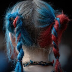 Naklejka premium Vibrant Braids: A Captivating Close-Up of Blue and Red Hair in Intricate Pigtail Styles