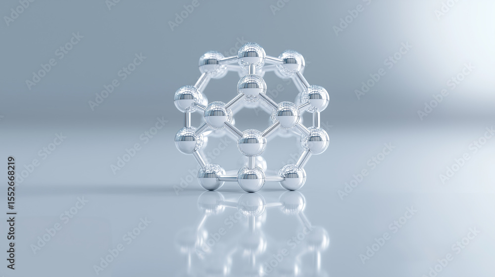 Poster a 3d rendering displays a symmetrical molecular structure composed of connected shiny silver spheres