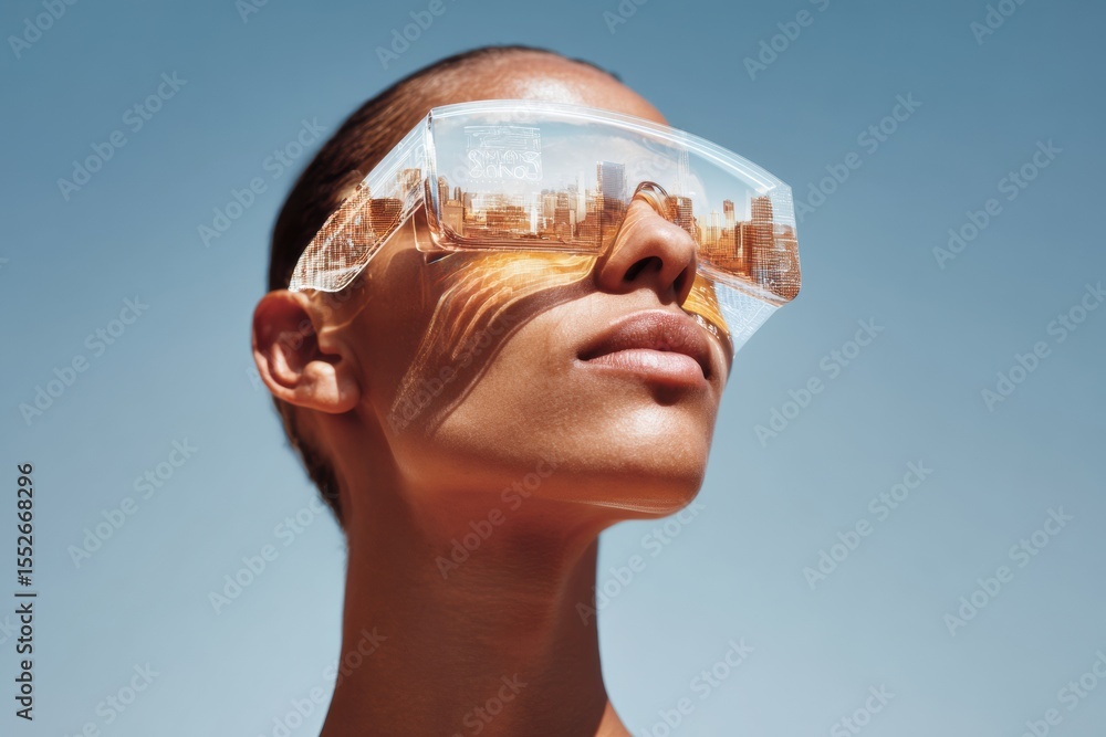 Poster futuristic transparent smart glasses with urban holographic data for tech innovation and digital tra