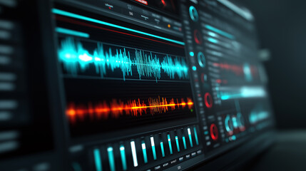 A vibrant digital display shows multiple colorful sound waves and frequency graphs, representing audio analysis, data visualization, and technological interfaces.
