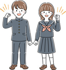 笑顔でガッツポーズをする制服姿の男女の学生のイラスト　全身	