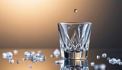 Water drop falling into a crystal glass surrounded by ice crystals creating a refreshing and elegant composition with a golden gradient background reflection.
