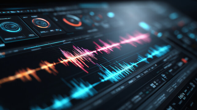 A vibrant digital display shows multiple colorful sound waves and frequency graphs, representing audio analysis, data visualization, and technological interfaces.
