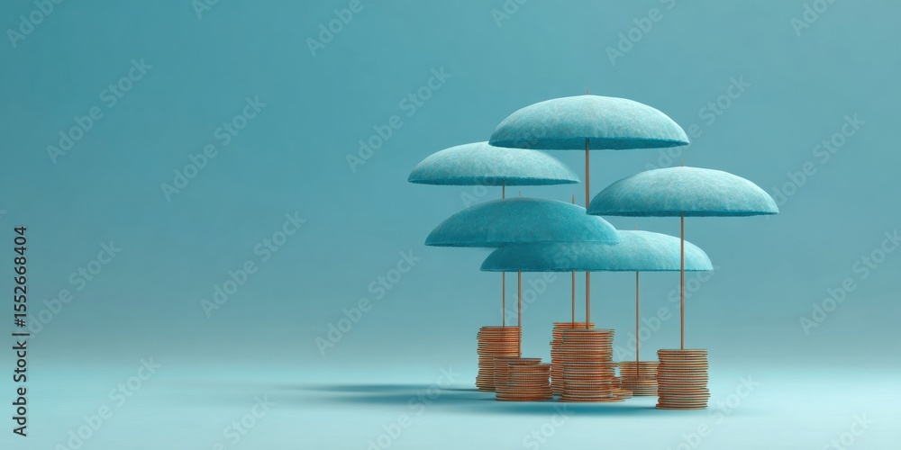 Poster financial security concept with blue umbrellas protecting stacked coins on minimalist background for