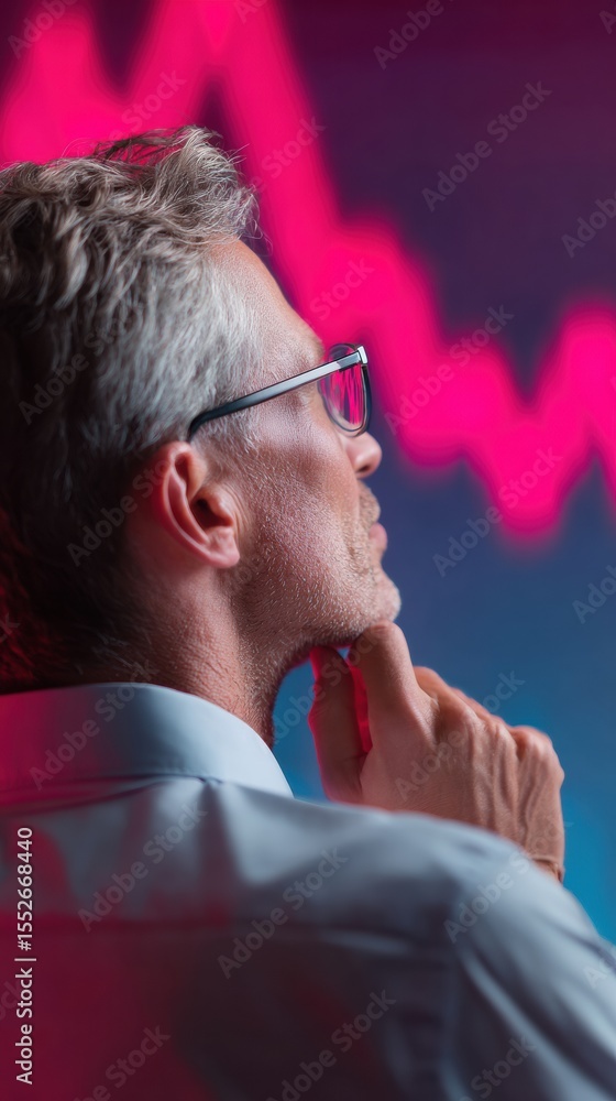 Poster thoughtful professional analyzing financial data on digital display with focus on capital preservati