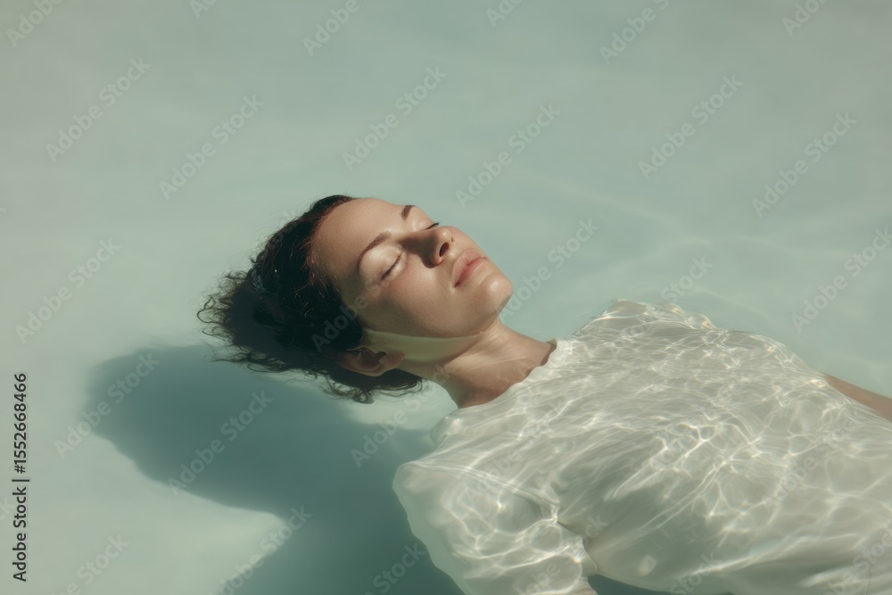 Aufkleber serene woman floating in clear pool water with relaxed posture and tranquil expression - wellness an