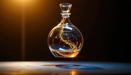 A beautiful clear glass decanter with a stopper showcases golden liquid swirling inside on a dark surface under a warm glow creating an elegant ambiance.