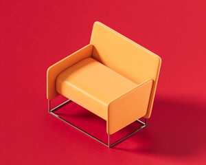 Contemporary armchair featuring sharp, geometric lines with flat, rectangular armrests and backrest, supported by a minimalist metal sled base. Single color, flat orange furniture, 3d rendering