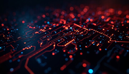 Fototapeta premium Complex Circuit Board with Red and Blue Lights on Dark Surface