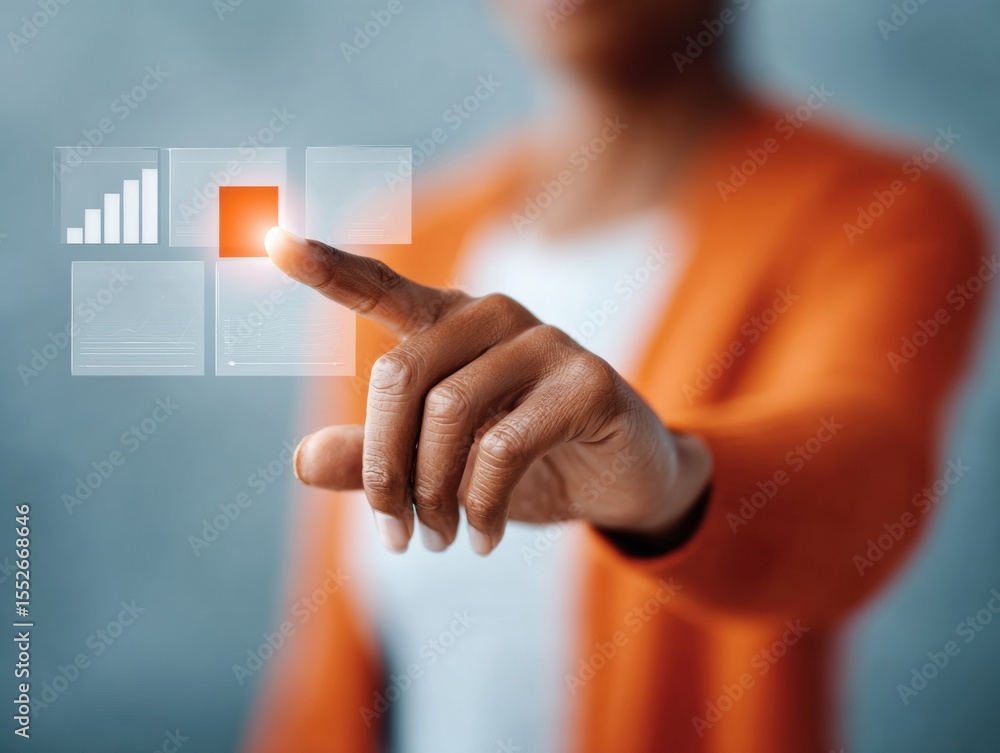 Aufkleber Futuristic digital interface with AI agent selection and data charts for adaptive business workflows and seamless professional collaboration