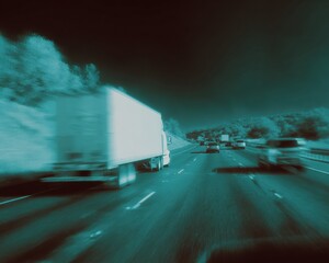 Autonomous Truck Driving on Night Highway with Digital Interface Overlay and Surrounding Vehicles - Innovation in Driverless Freight Technology