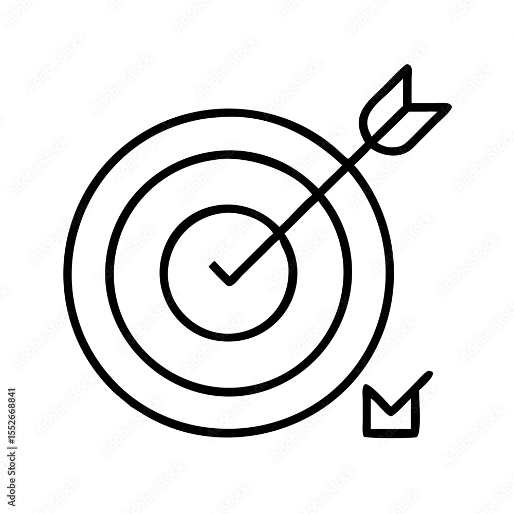 Poster an arrow hits the center of a target with a check mark isolated on white background