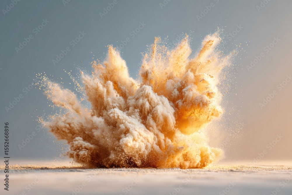 Poster dynamic orange powder burst explosion in midair with fine particle texture on neutral surface for cr