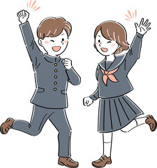 ジャンプしてガッツポーズする男の子とジャンプして手を振る女の子　制服姿の学生のイラスト　全身