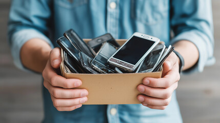 A person holds a cardboard box filled with old mobile phones, symbolizing electronic waste, recycling, and outdated technology.
