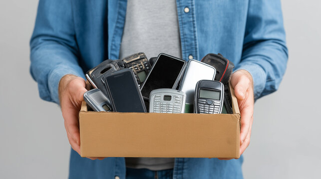 A person holds a cardboard box filled with old mobile phones, symbolizing electronic waste, recycling, and outdated technology.
