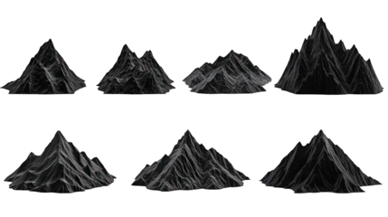 Six gray mountain silhouettes on black background
