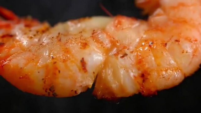 Seafood on Stone Grill. Close-up of a succulent shrimp with garlic butter seasoning