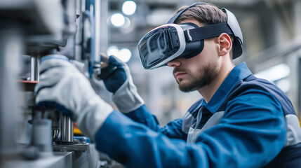 A male industrial worker in overalls is wearing a virtual reality headset while interacting with a simulated environment in a factory setting, symbolizing immersive training and technological advancem