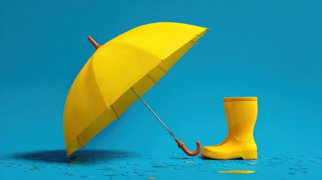 Yellow umbrella and rain boot on blue background