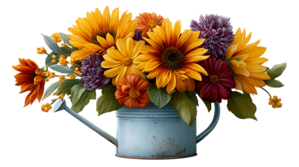 Vibrant autumn flower arrangement in a rustic blue watering can isolated on transparent background
