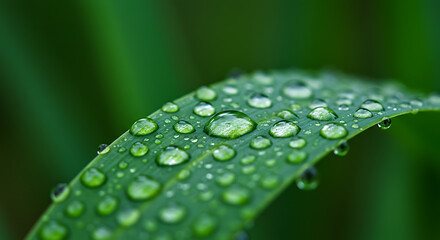 Close-up view of dew drops clinging to a vibrant green blade of grass.