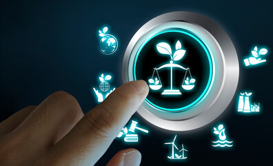 Finger pressing environmental justice icon on digital button, concept of balance between law, ecology and industry