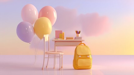 Pastel-colored school desk scene with balloons and backpack