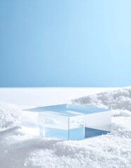 Crystal Ice Cube on Snowy Surface with Blue Sky Background