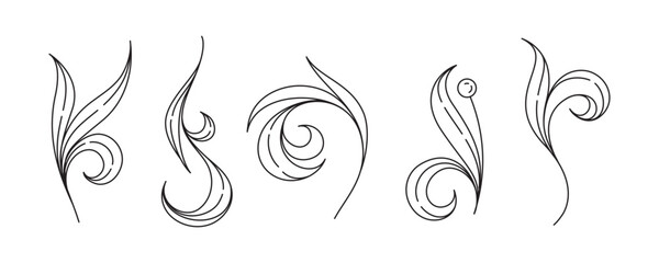 Leaf swirl decorations set. Graceful vector botanical ornaments with natural flow.