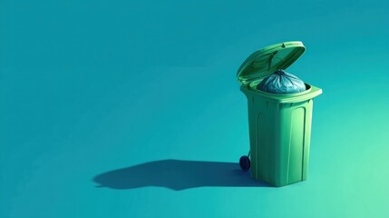 Green trash bin with open lid, containing a black garbage bag