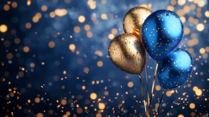 Festive blue and gold balloons with bokeh lights background