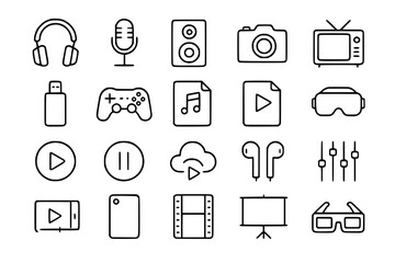  Multimedia & Entertainment Line Icons: Audio, Video & Gaming Vector Set