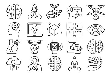 Innovation & Future Technology Line Icons: AI, VR & STEM Vector Set