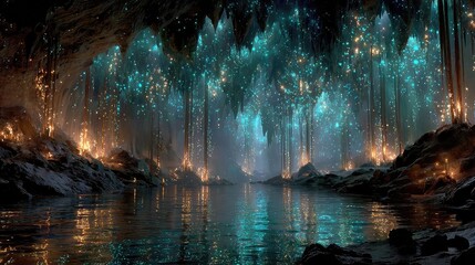 Underworlds and shadow realms glowing with ethereal light, mystical depths inhabited by supernatural beings, enchanted lands beneath the surface filled with dark magic and ancient mysteries.