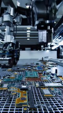 Vertical screen, multiple robotic arms are precisely placing components onto circuit boards in a high tech automated electronics manufacturing facility