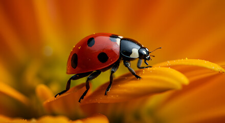 Fototapeta premium A ladybug with black spots crawls on a vibrant orange flower petal in a close-up, detailed view.