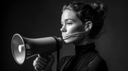 Muzzled expression: A monochrome portrayal of silenced voice with megaphone