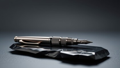 A sleek metal fountain pen rests elegantly on a dark, faceted stone, showcasing its intricate design and craftsmanship against a minimalist backdrop in studio.