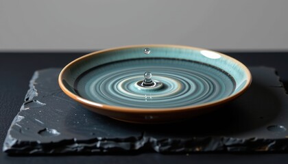 A solitary water droplet creates concentric ripples in a blue ceramic dish resting upon a textured slate surface, showcasing motion and stillness in perfect harmony.